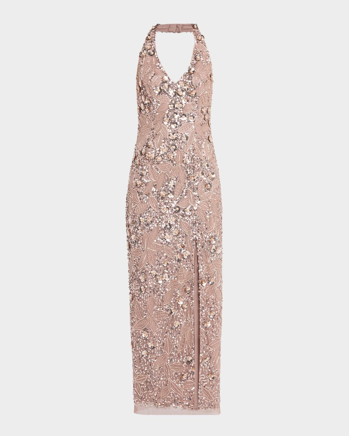 Aidan Mattox Floral Bead and Sequin Halter Column Gown