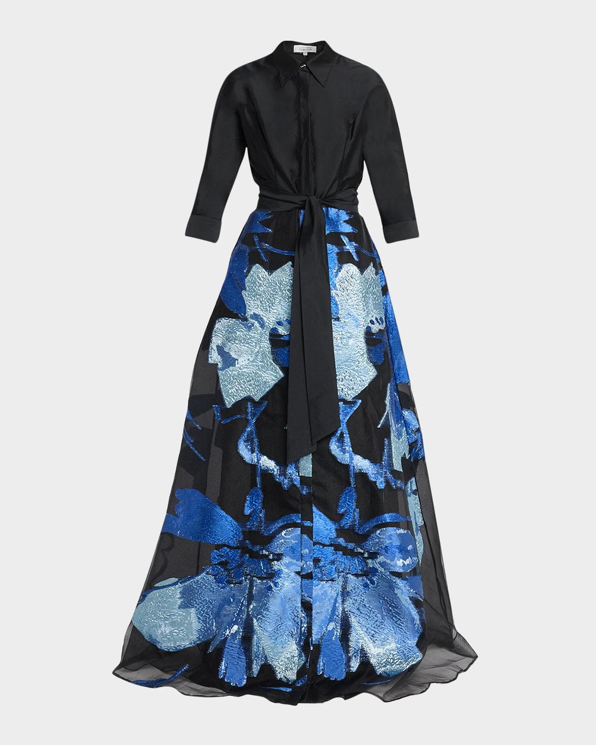 Rickie Freeman for Teri Jon Taffeta and Floral Jacquard Organza Shirt Gown