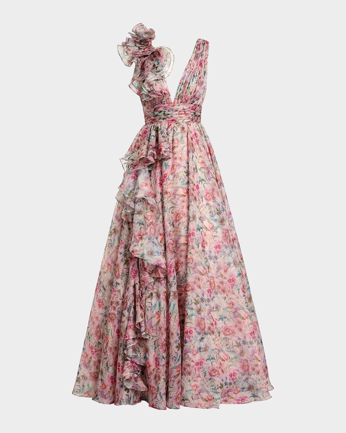Mac Duggal Plunging Floral-Print Chiffon Ball Gown