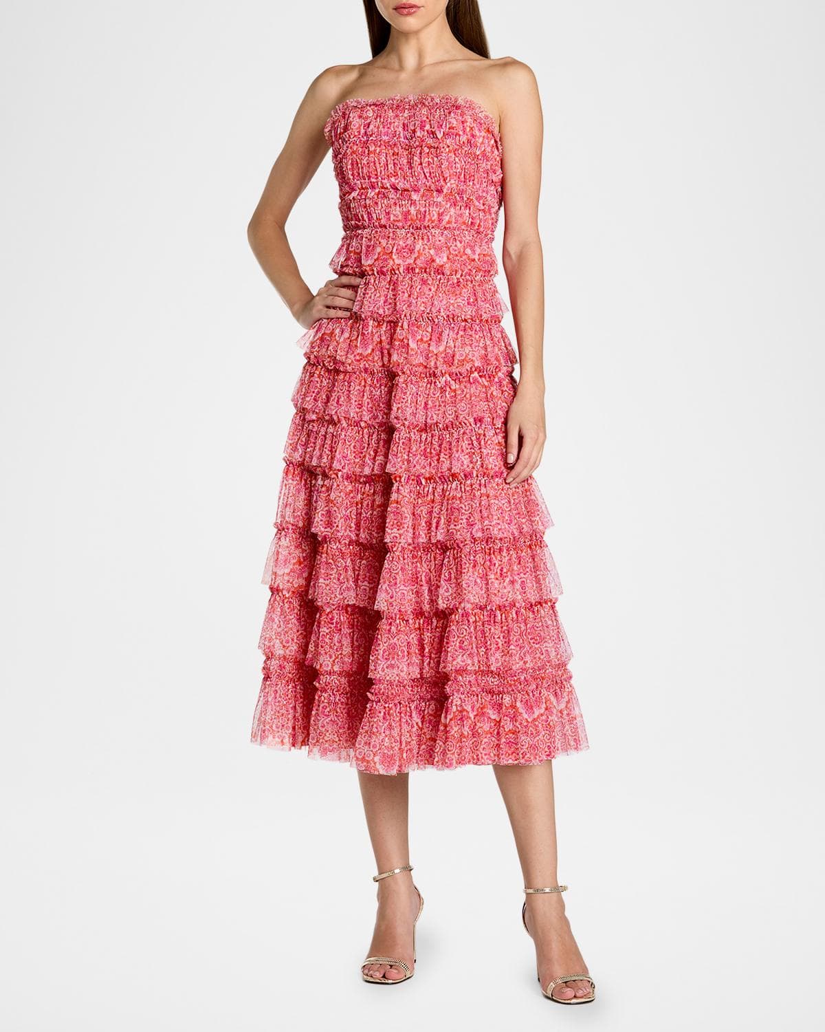 Mac Duggal Strapless Floral Tiered Midi Dress
