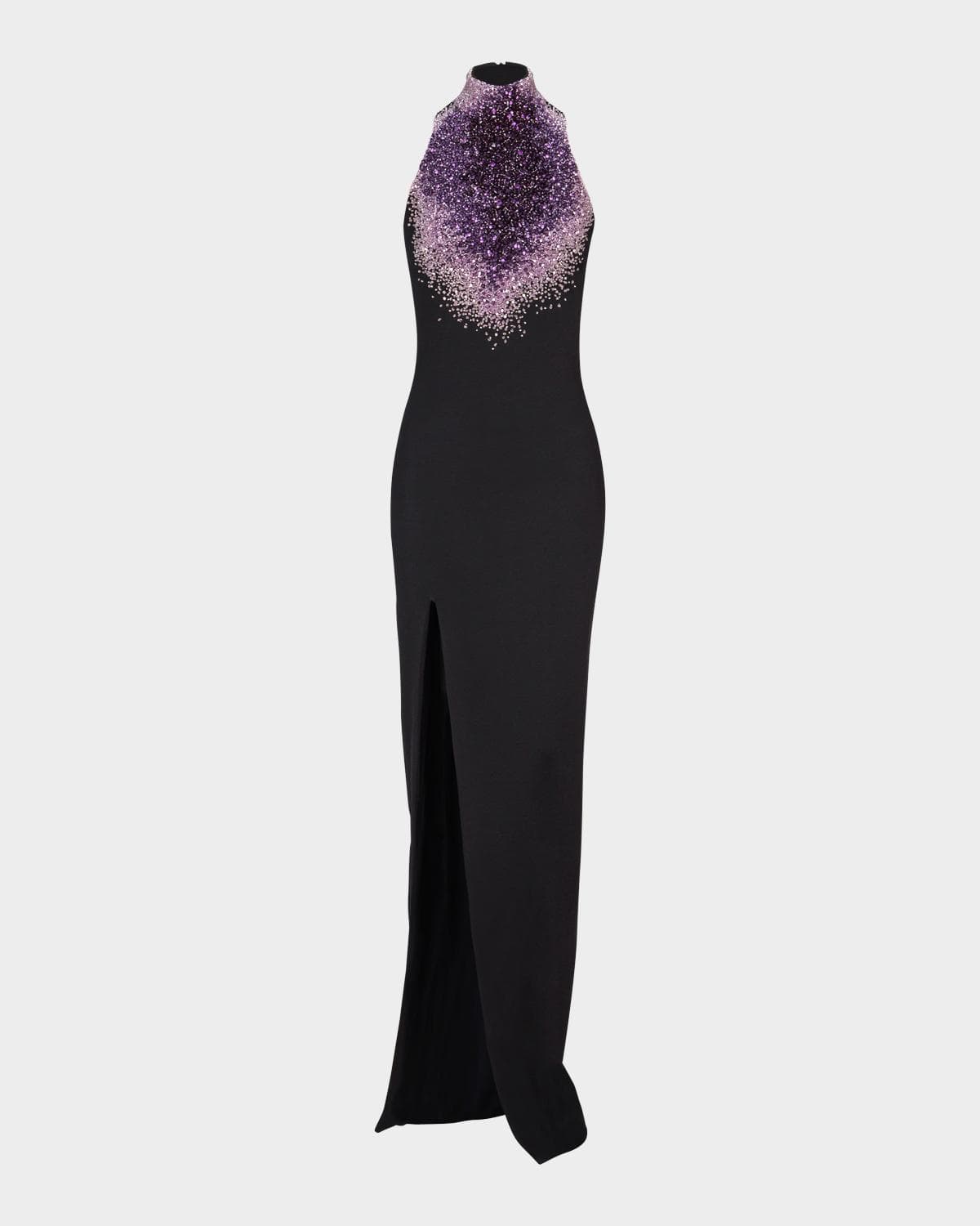 Balmain Sleeveless Amethyst Embroidered Milano Jersey Slit Gown