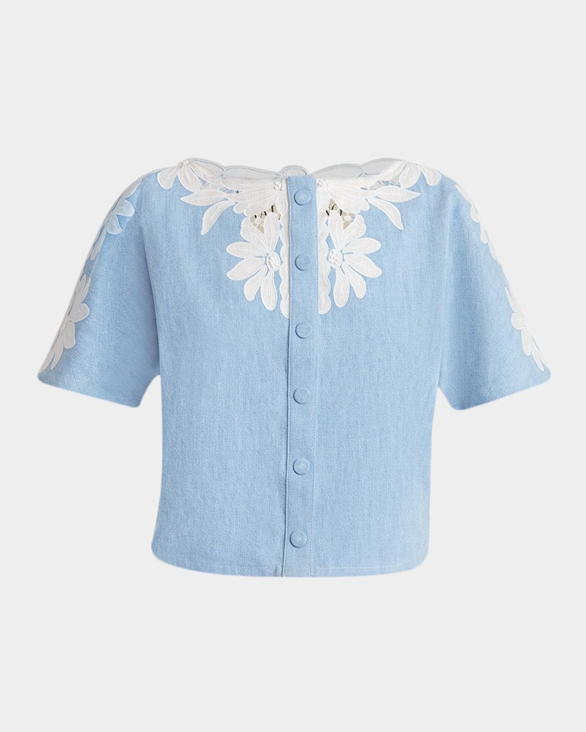 Valentino Garavani Short-Sleeve Floral Embroidered Denim Button-Front Top