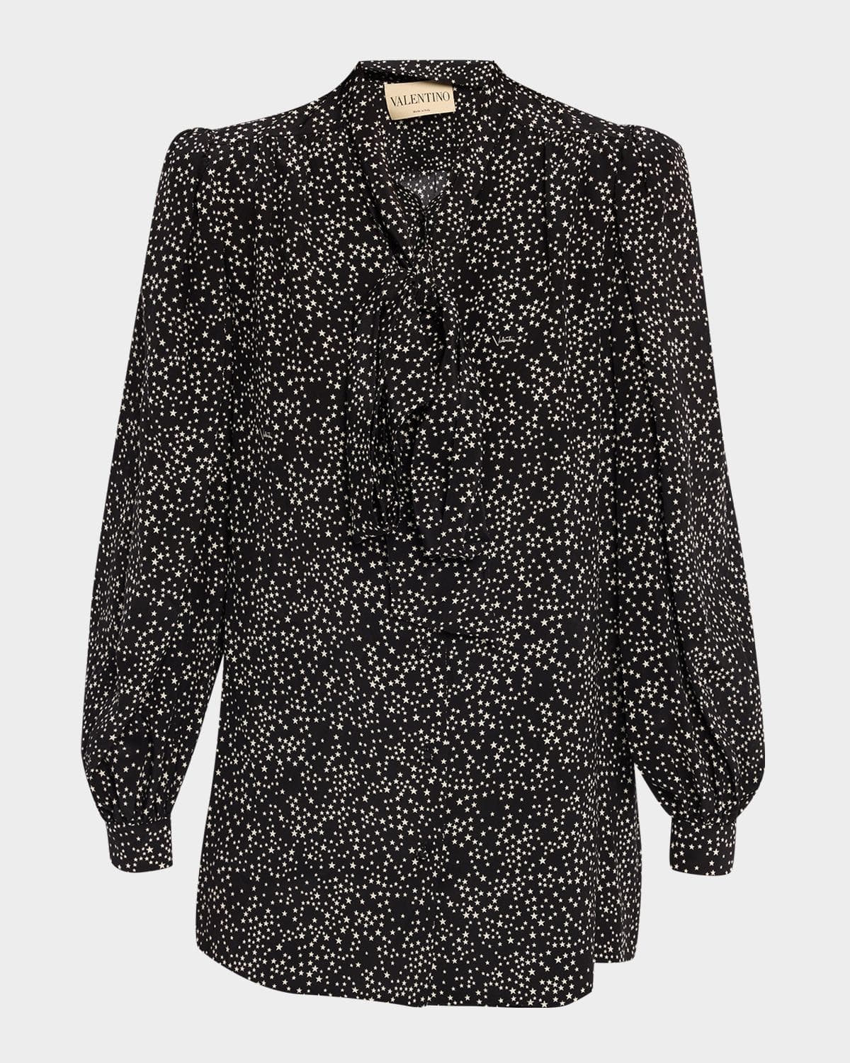 Valentino Garavani Neck-Scarf Star Silk Puff-Sleeve Blouse