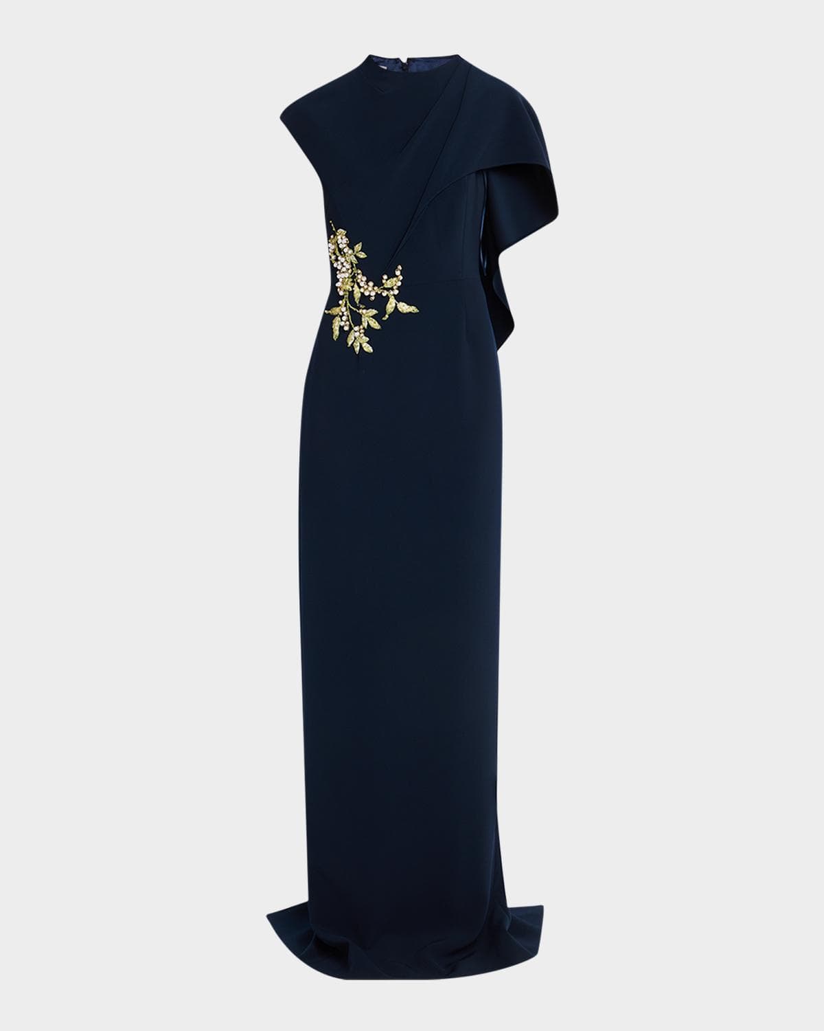 Rickie Freeman for Teri Jon Floral-Embroidered Asymmetric Capelet Gown