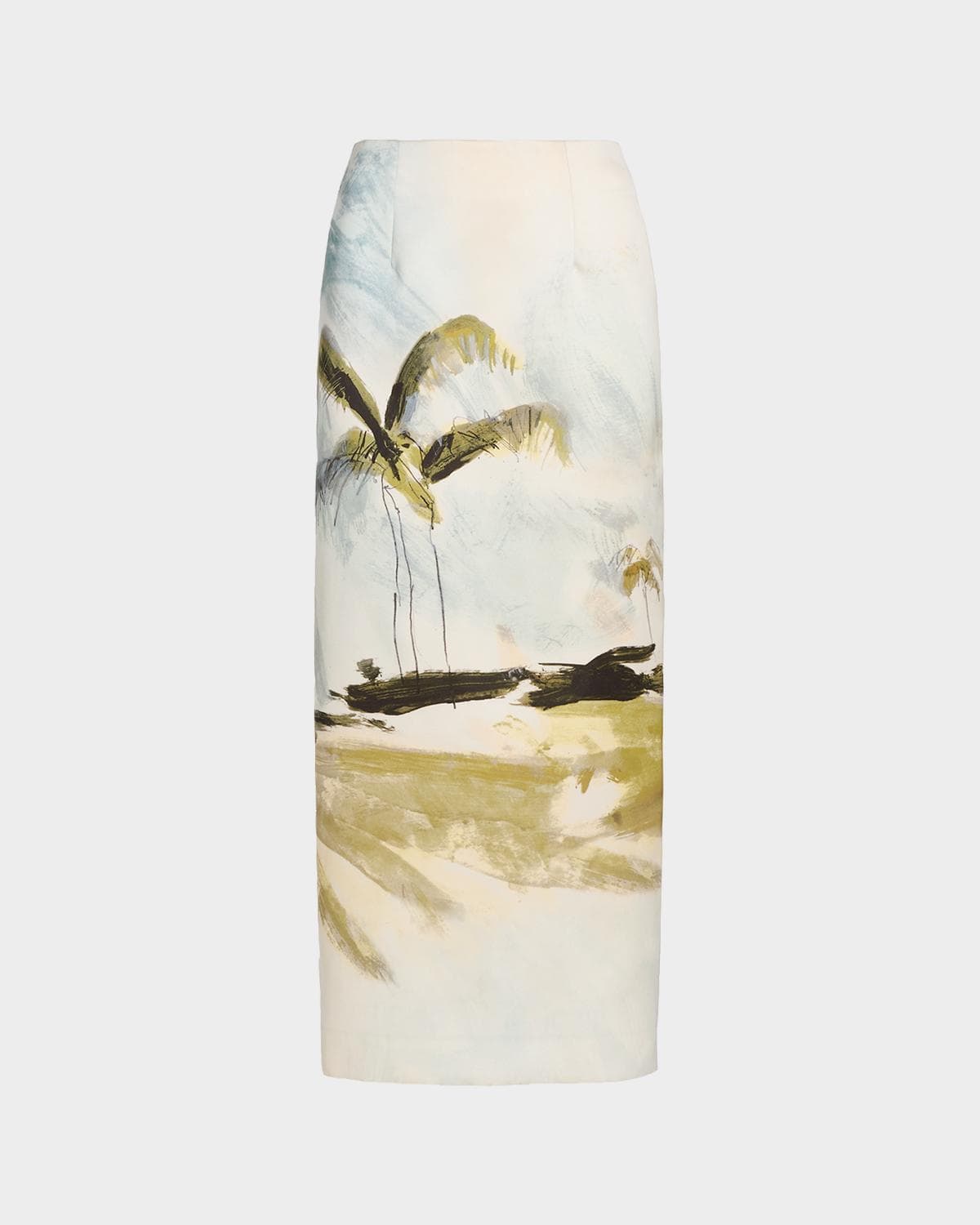 Oscar de la Renta Palm Tree Satin Midi Pencil Skirt