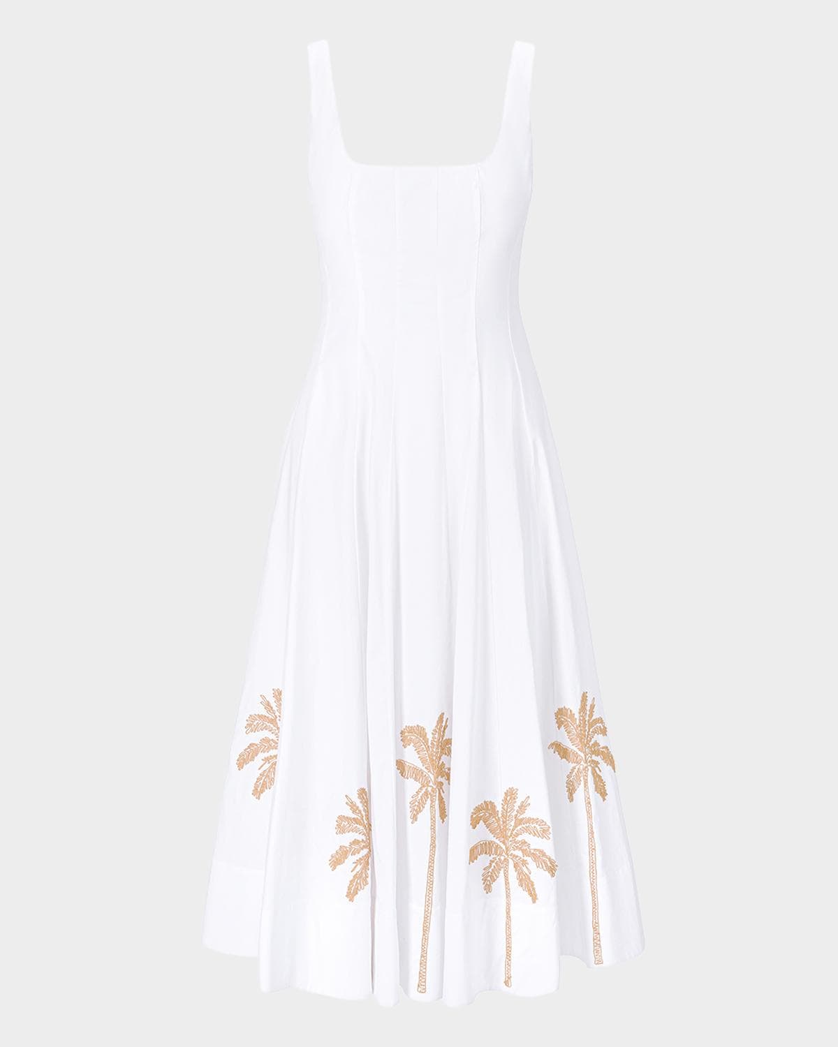 STAUD Wells Palm Tree Embroidered Poplin Midi Dress