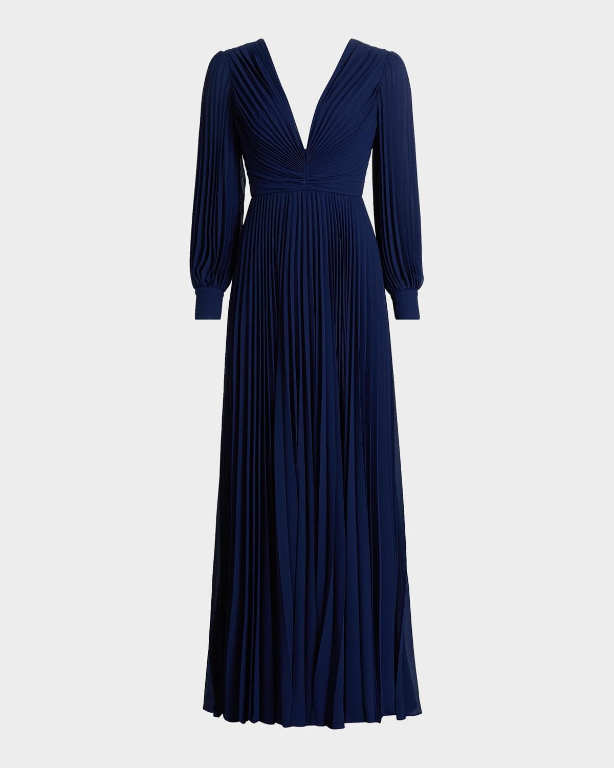 Badgley Mischka Pleated Blouson-Sleeve Georgette Gown