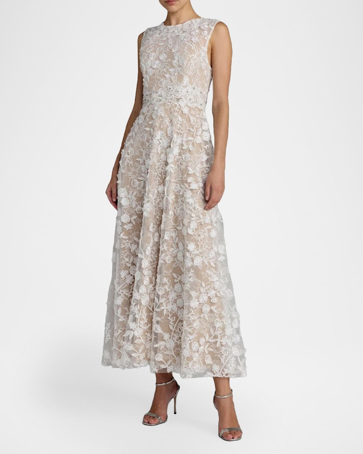 Mac Duggal Floral Embroidered Round-Neck Midi-Dress