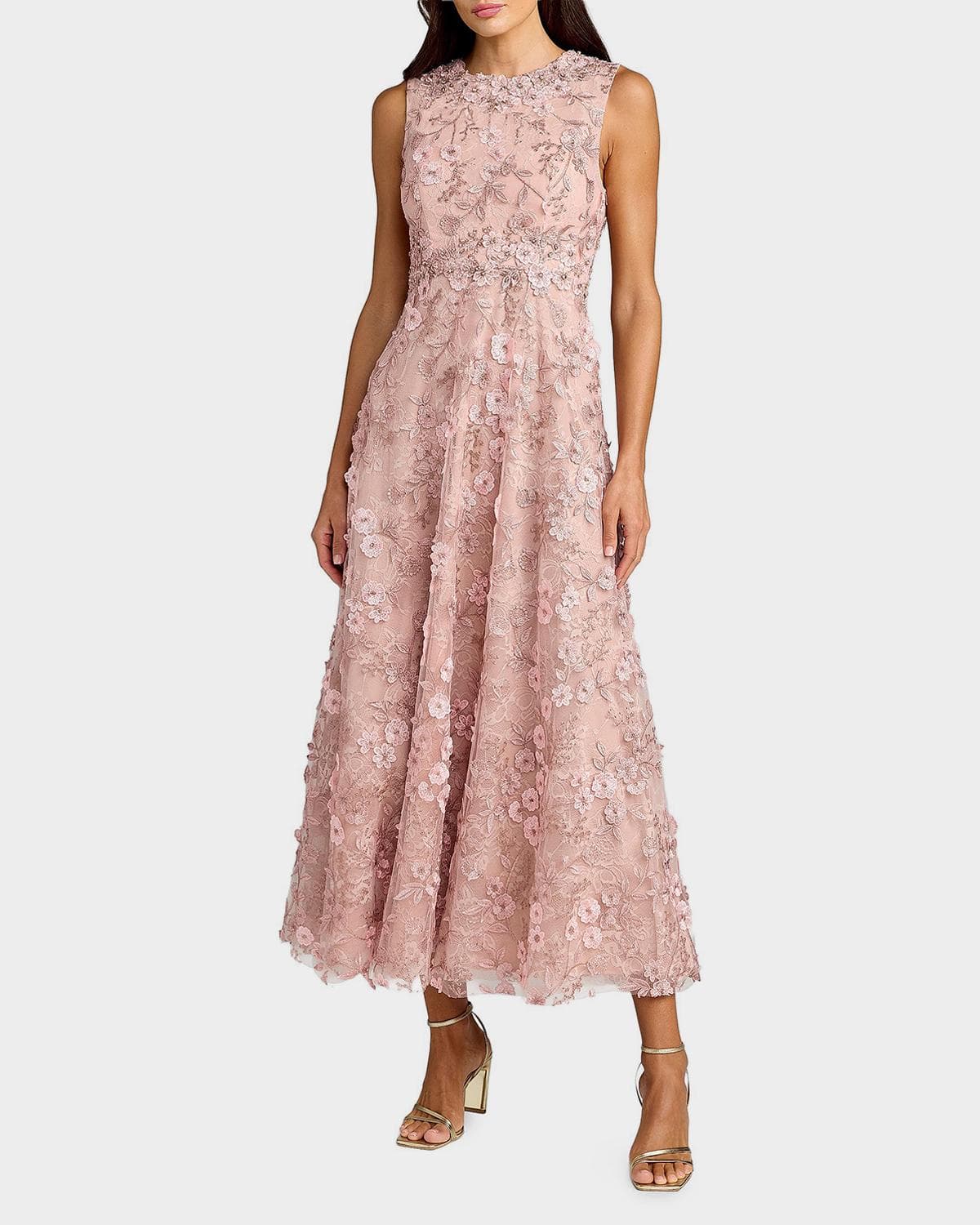Mac Duggal Floral Embroidered Round-Neck Midi-Dress