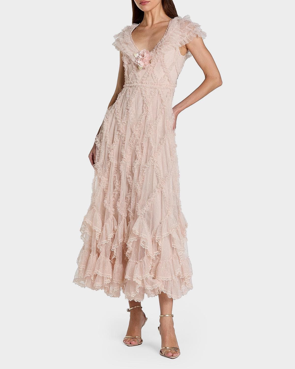 Mac Duggal Mesh Ruffled V-Neck Midi-Dress