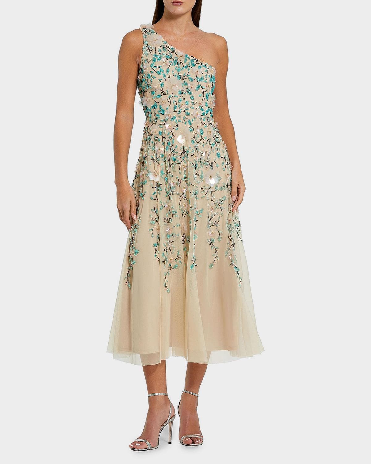 Mac Duggal Embellished Floral Mesh One-Shoulder Midi-Dress