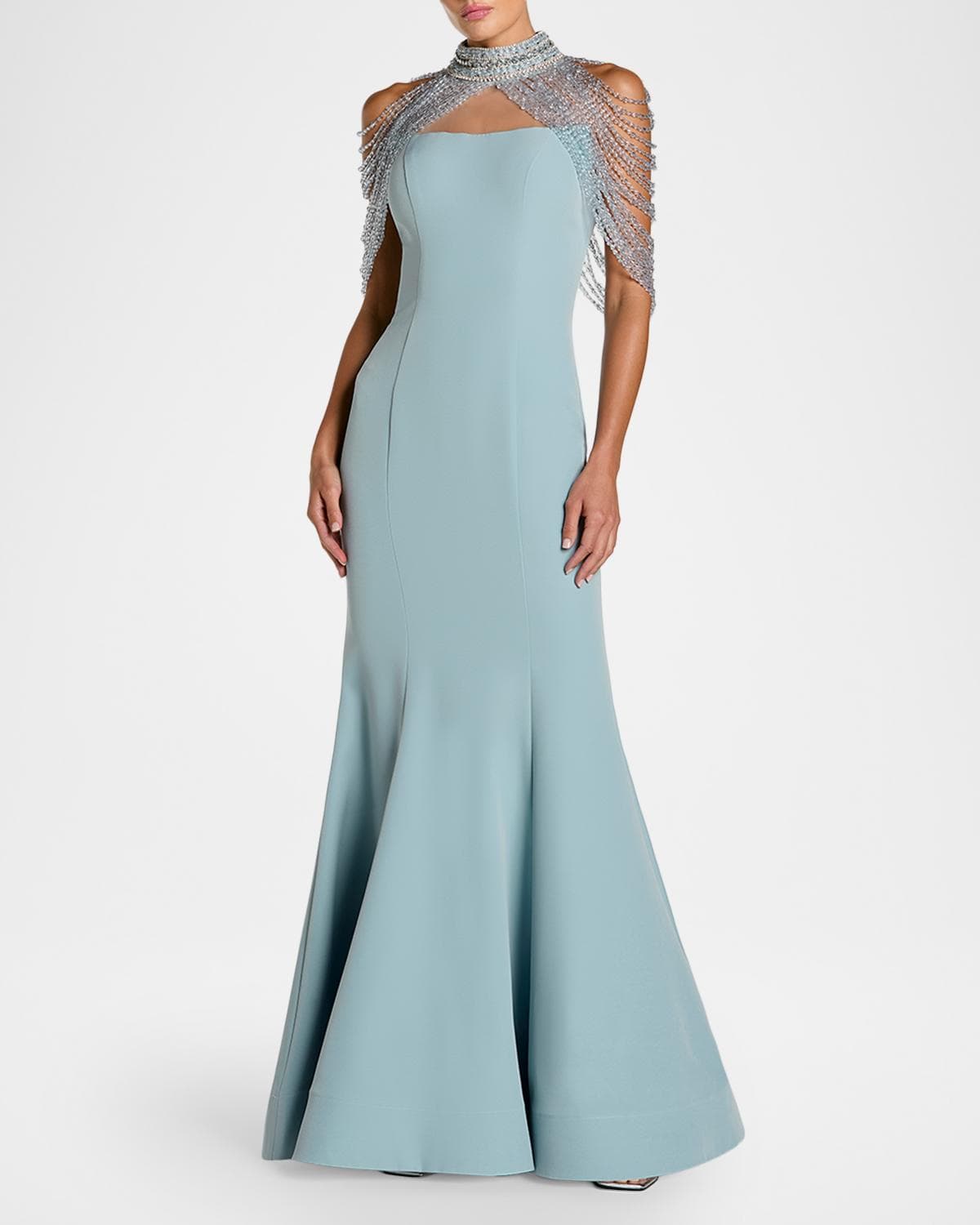 Mac Duggal Beaded Capelet Crepe Mermaid Gown