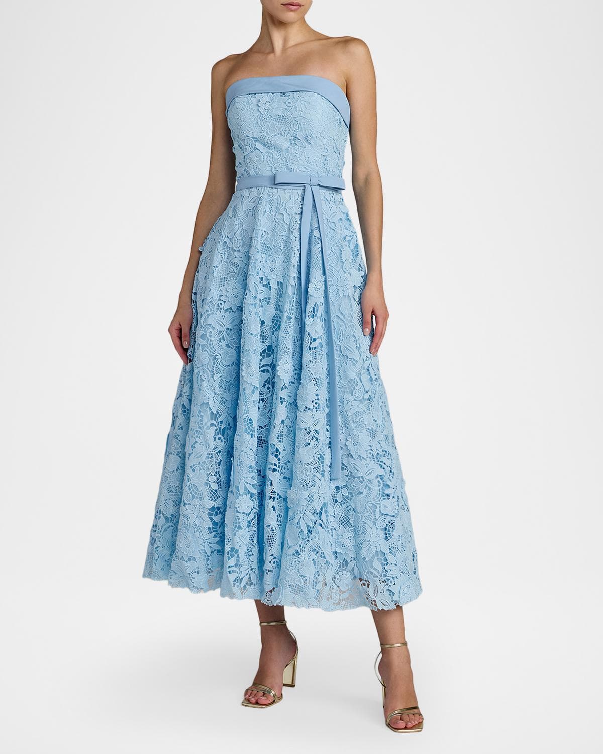 Mac Duggal Floral-Lace Crepe Strapless Midi-Dress