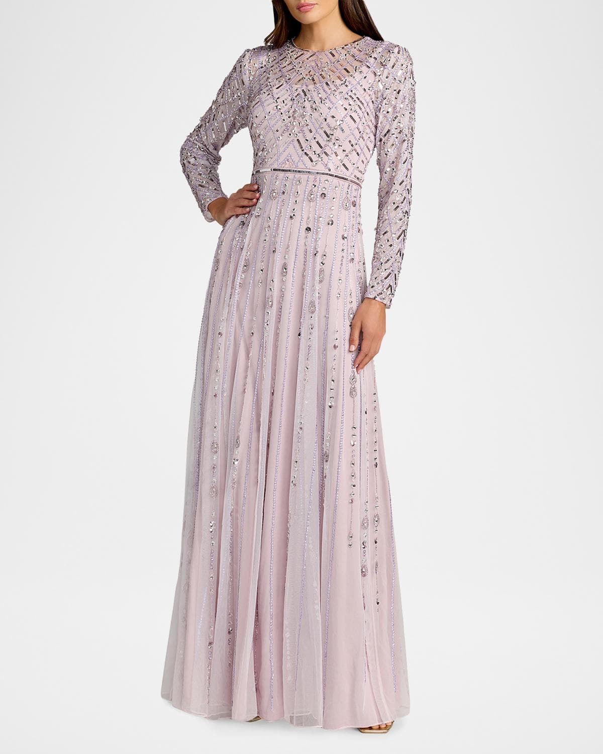 Mac Duggal Tulle Beaded Long-Sleeve A-Line Gown