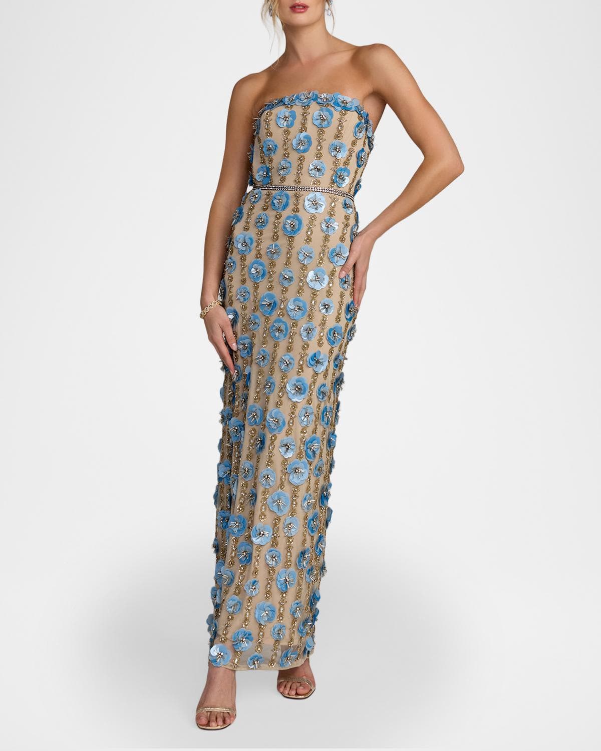 Mac Duggal 3D Floral-Embellished Strapless Maxi Dress