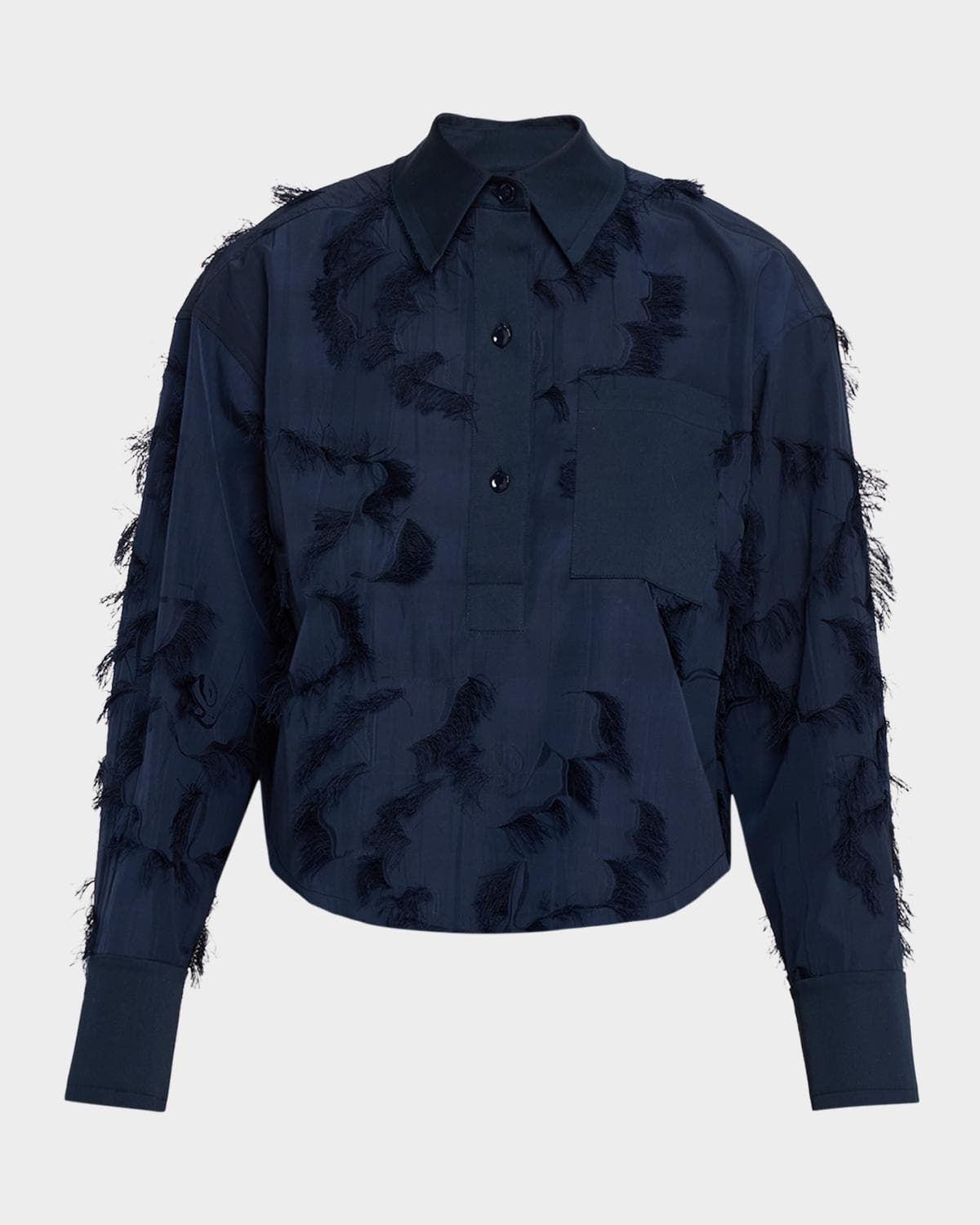 Jason Wu Collection Long Sleeve Fringe Fil Coupe Collared Shirt