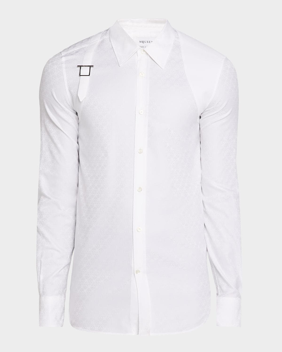 McQueen Men's Harness-Detail Skull Jacquard Cotton Shirt