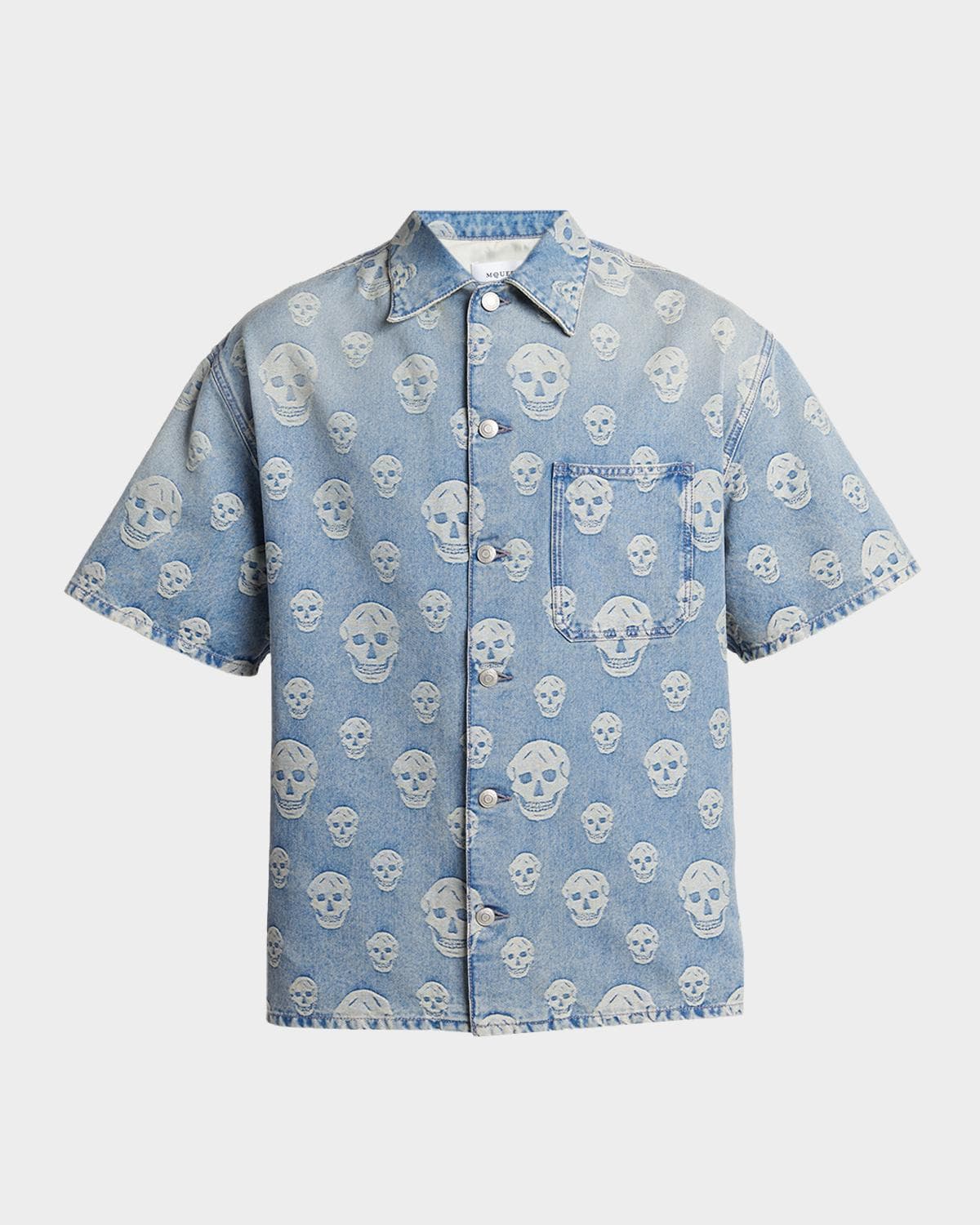 McQueen Men's Denim Allover Skull Short-Sleeve Shirt
