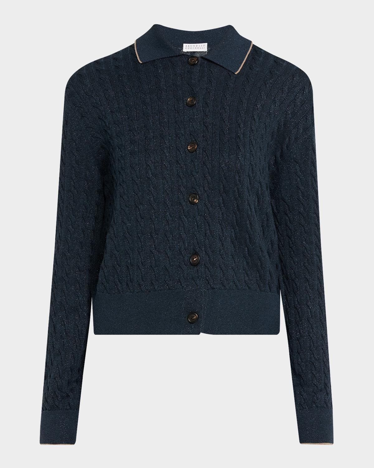 Brunello Cucinelli Shimmering Cable Knit Collared Cardigan