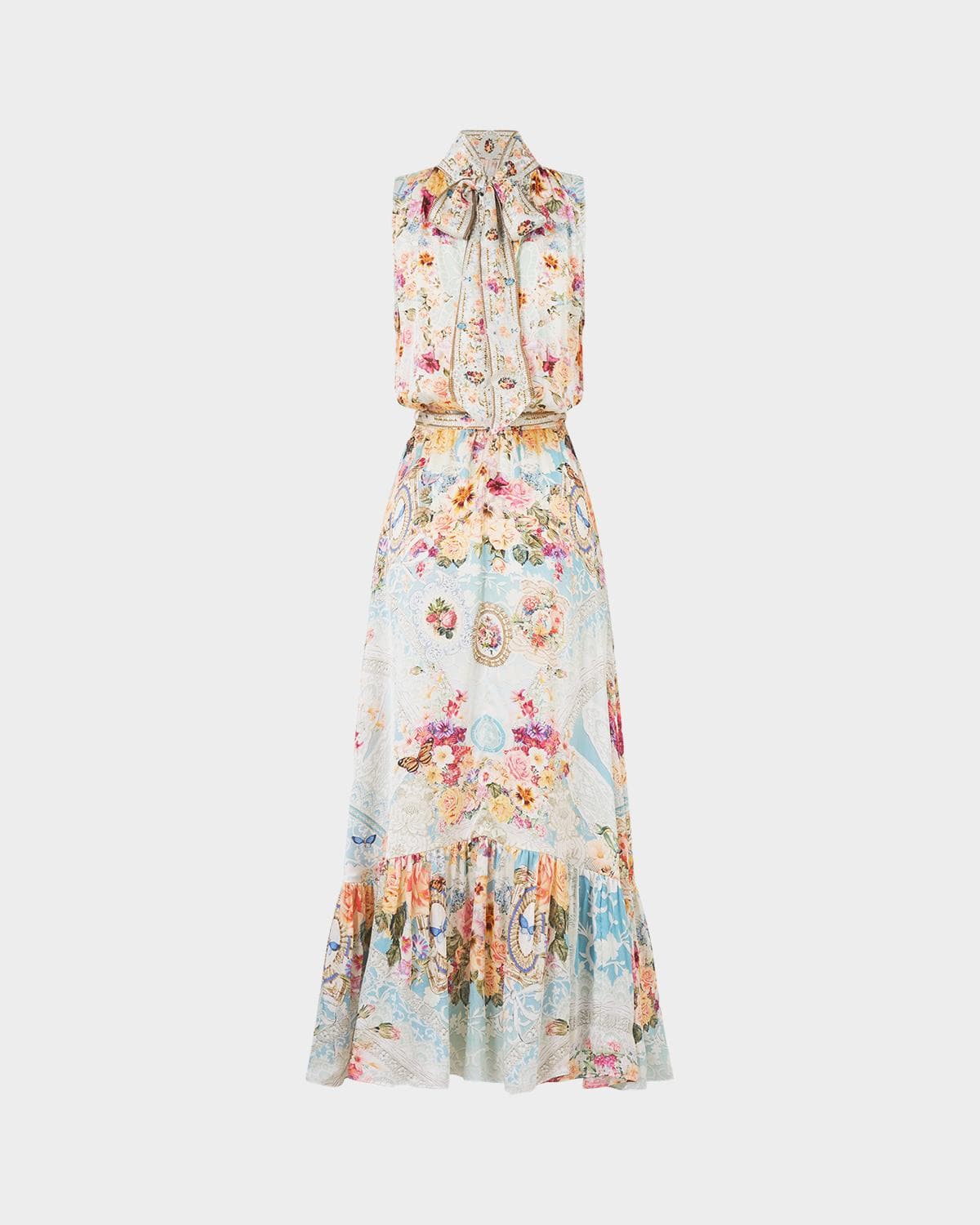 Camilla Taste For Lace Silk Tie-Neck Maxi Dress