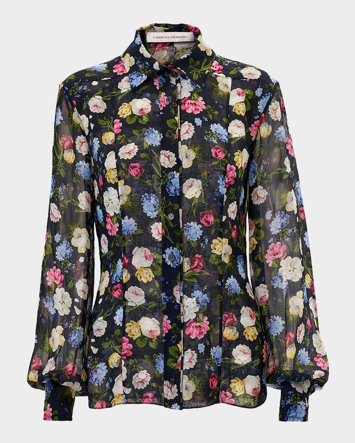 Carolina Herrera Isabella Rose-Print Silk Chiffon Button-Down Shirt