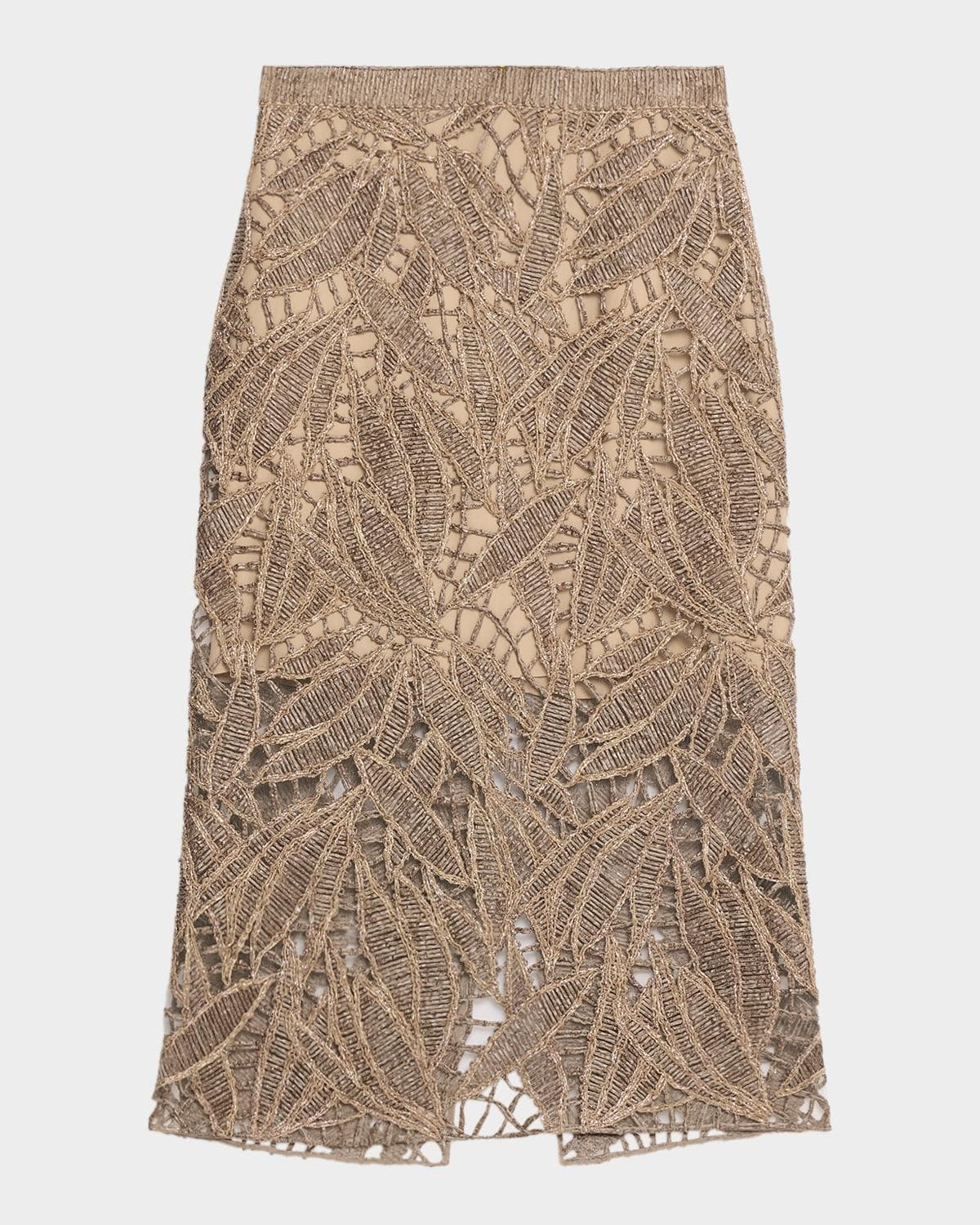 Brunello Cucinelli Leaf-Pattern Openwork Midi Skirt