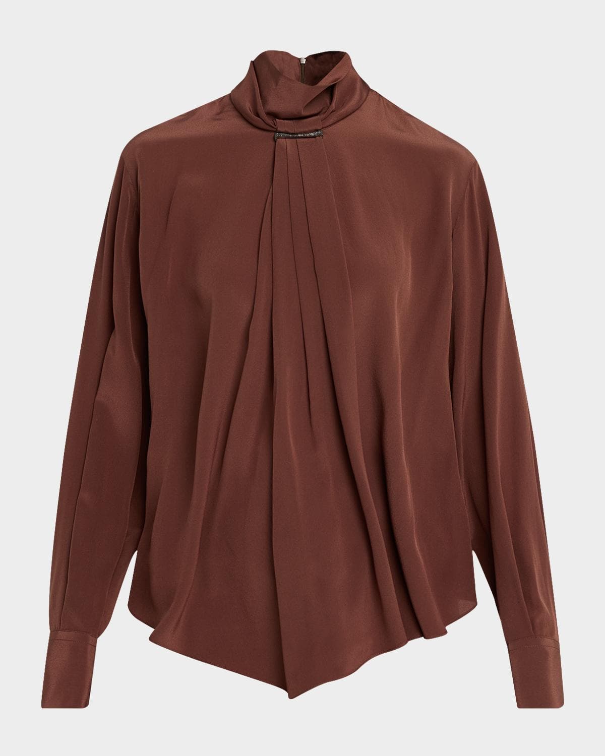 Brunello Cucinelli Turtleneck Monili Gathered Silk Blouse