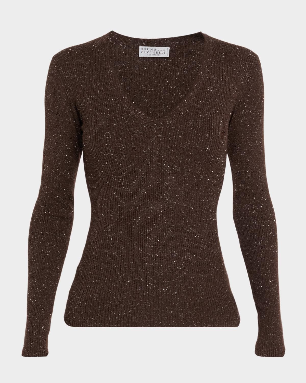 Brunello Cucinelli Shimmering Cashmere Rib V-Neck Fitted Sweater