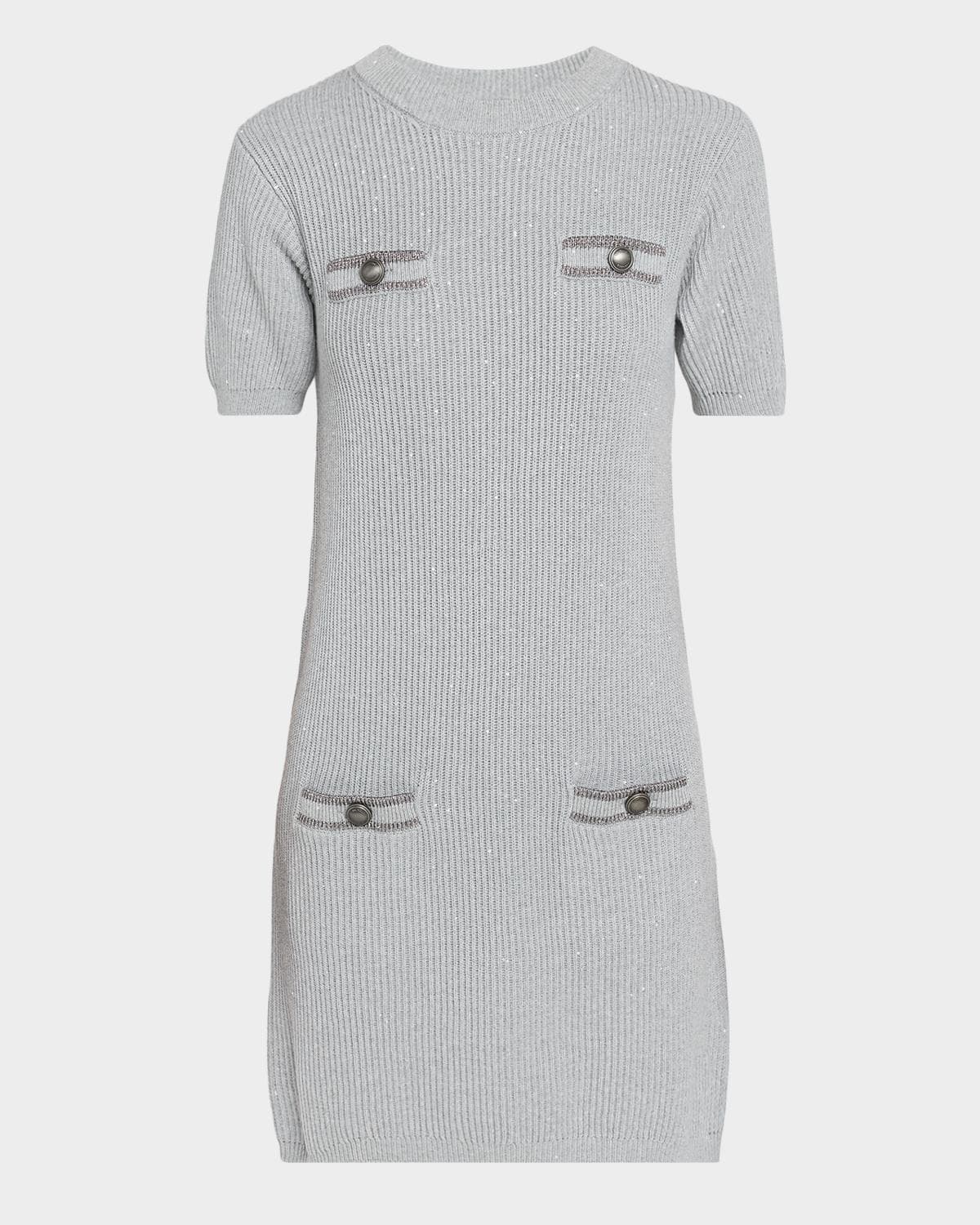 Brunello Cucinelli Pockets Short-Sleeve Shimmering Cotton Knit Mini Dress
