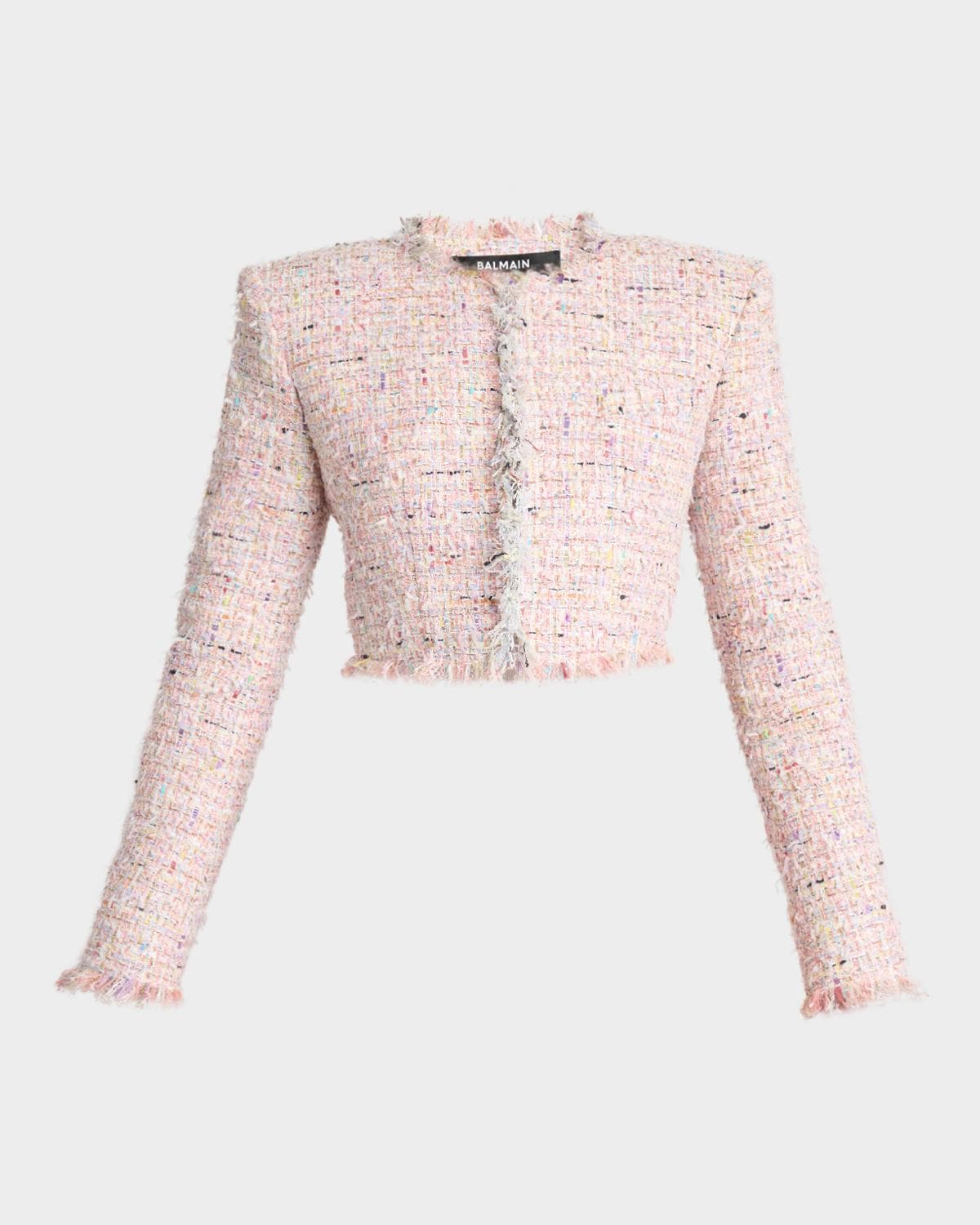 Balmain Speckled Tweed Fringed Crop Open Jacket