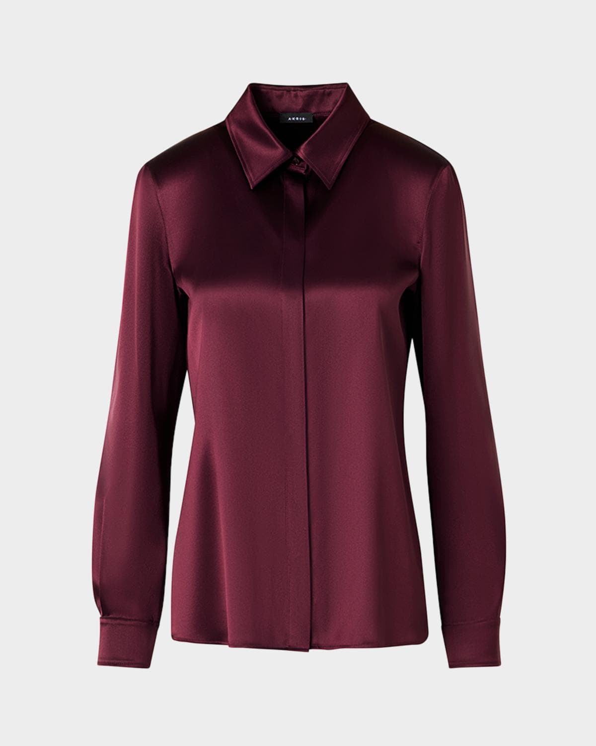 Akris Silk Satin Concealed-Front Button-Down Blouse