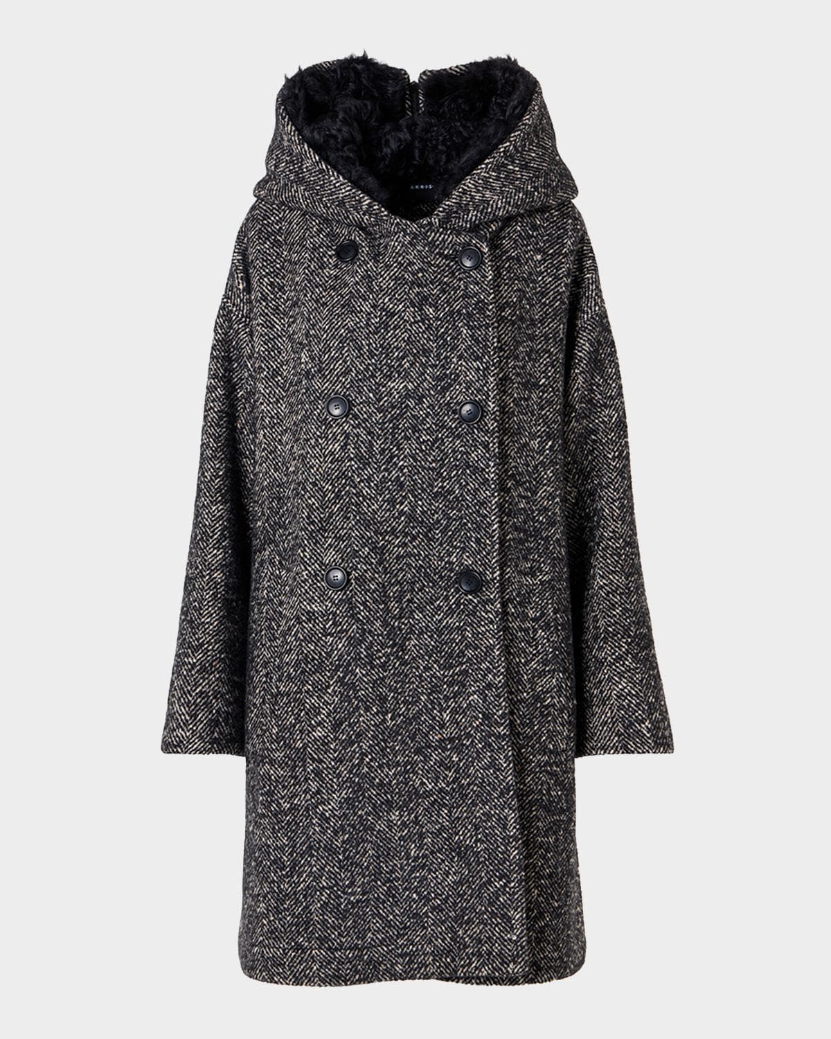 Akris Lamb Shearling Collar Double-Breasted Wool Herringbone Coat · 6