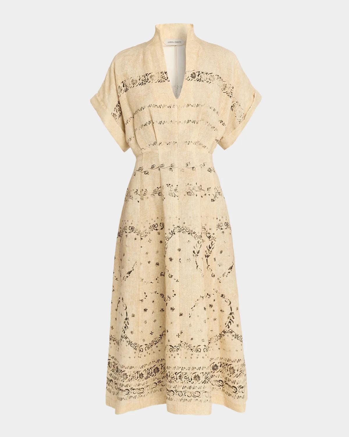 Alberta Ferretti Short-Sleeve Printed Linen A-Line Midi Dress