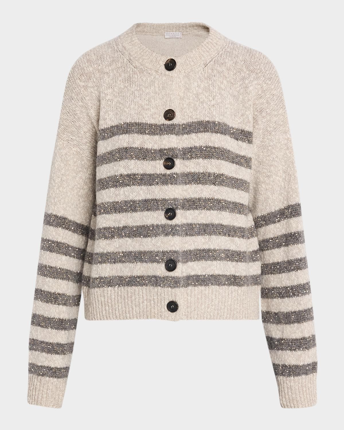Brunello Cucinelli Striped Paillette Wool-Cashmere Crewneck Cardigan