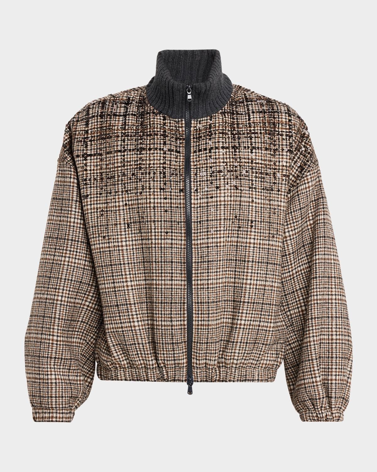 Brunello Cucinelli Shimmering Check Cashmere Bomber Jacket
