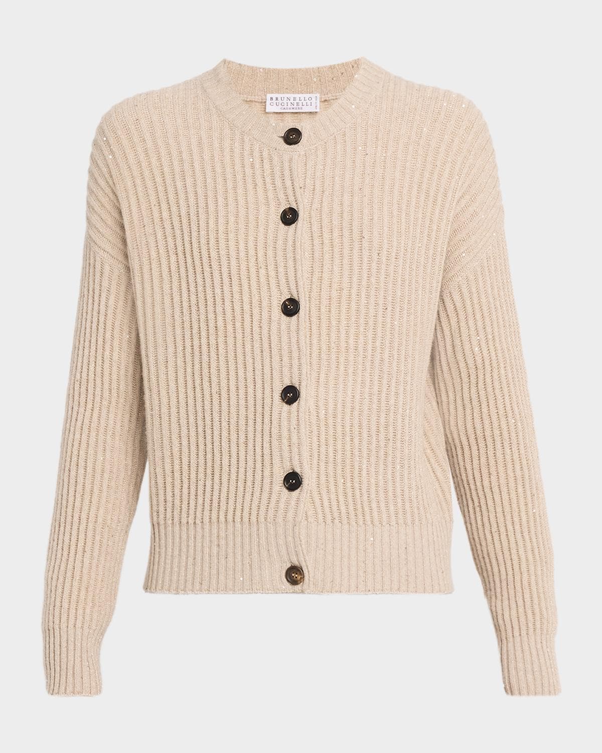 Brunello Cucinelli Shimmering Cashmere-Wool English Rib Crewneck Cardigan