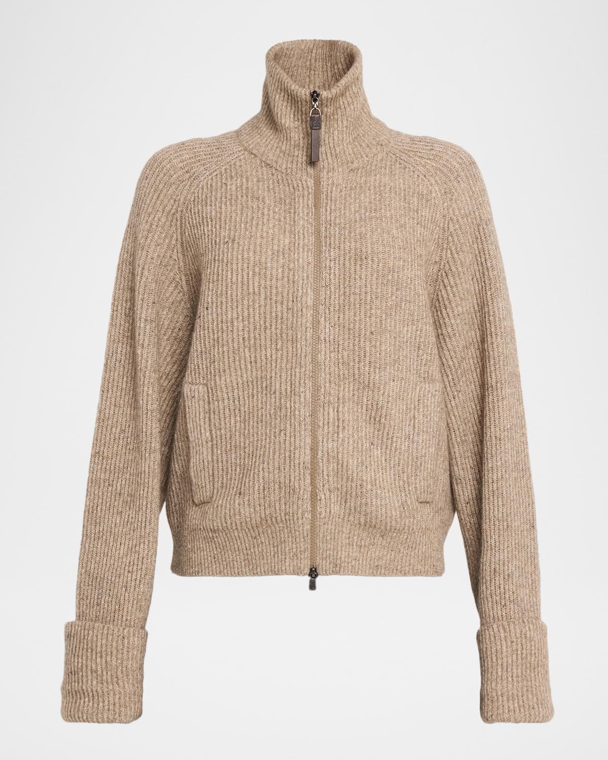 Brunello Cucinelli Cashmere-Mohair Ribbed Zip-Up Cardigan