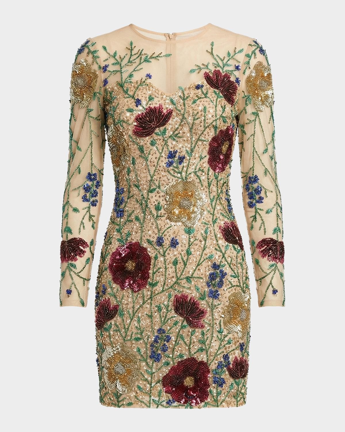 Mac Duggal Floral Beaded Sequin Mesh Mini Dress