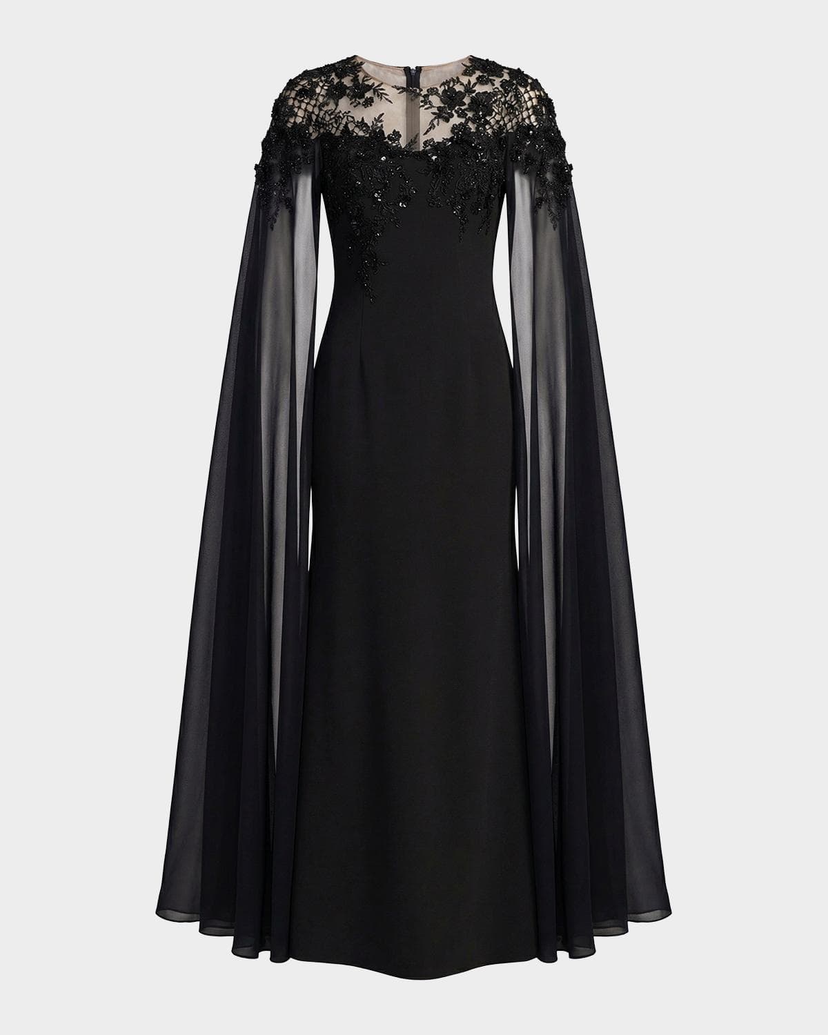 Mac Duggal Floral Embellished Chiffon Cape Gown
