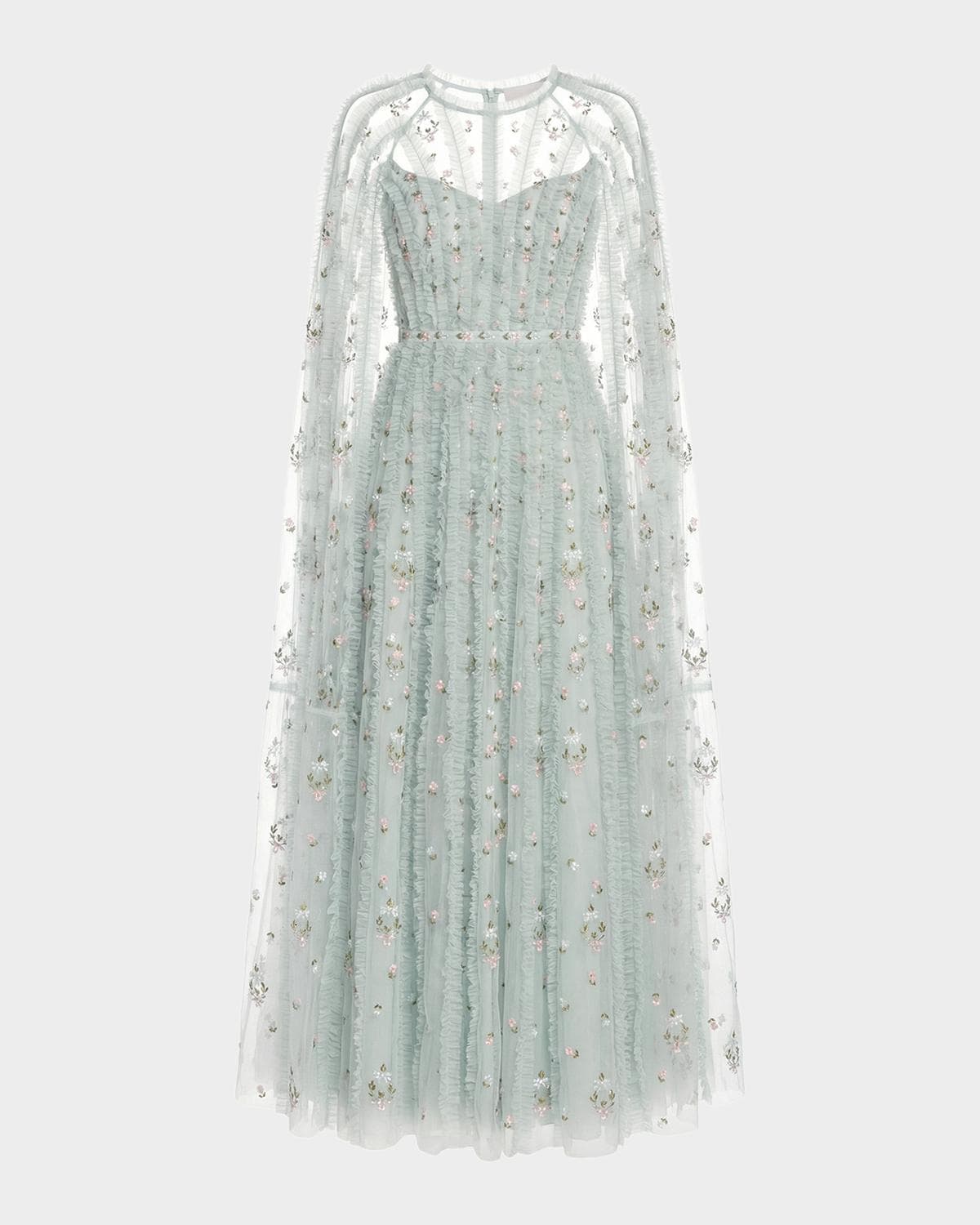 Mac Duggal Embroidered Cape-Sleeve Mesh Gown
