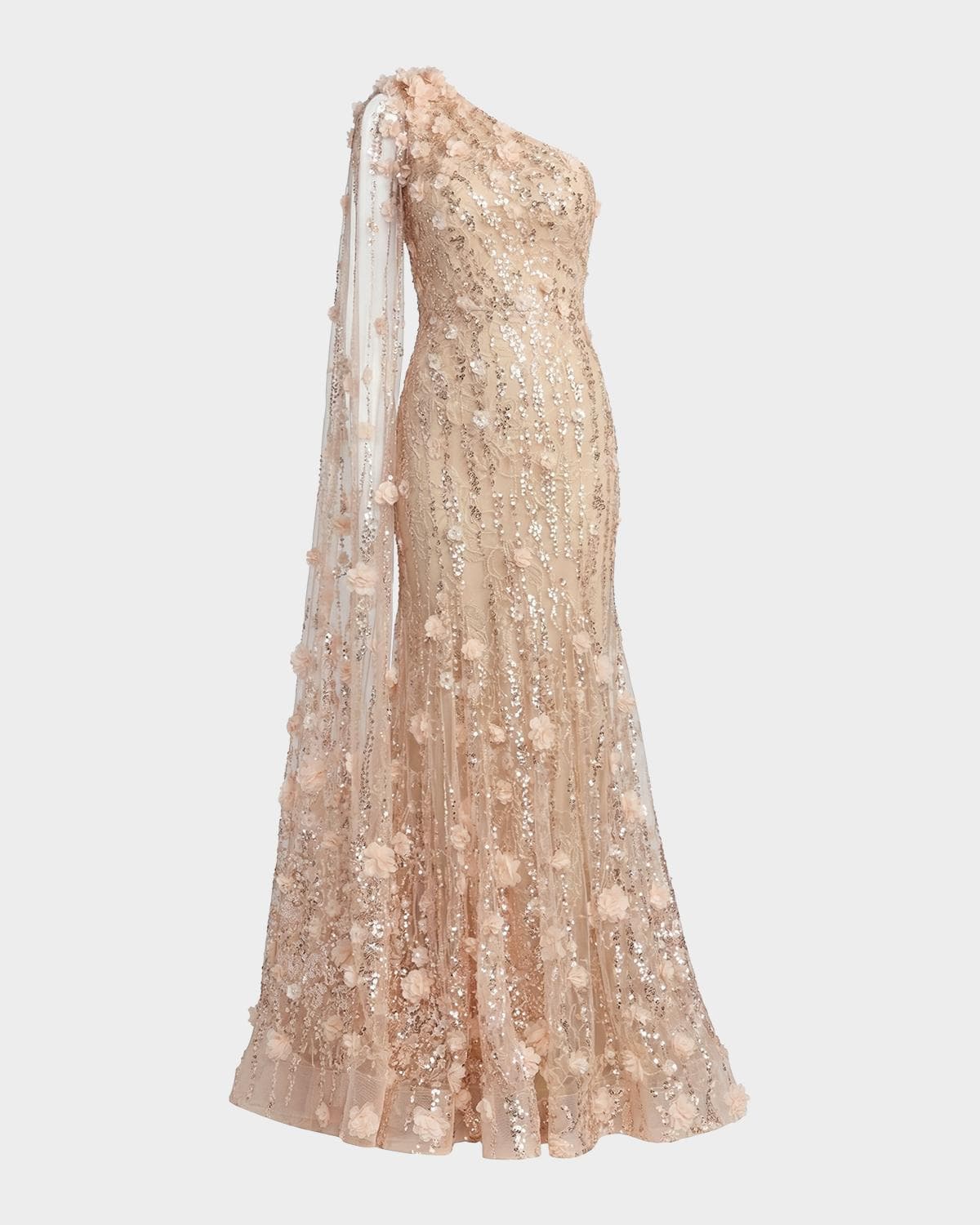 Mac Duggal One-Shoulder Beaded Floral Lace Trumpet Gown
