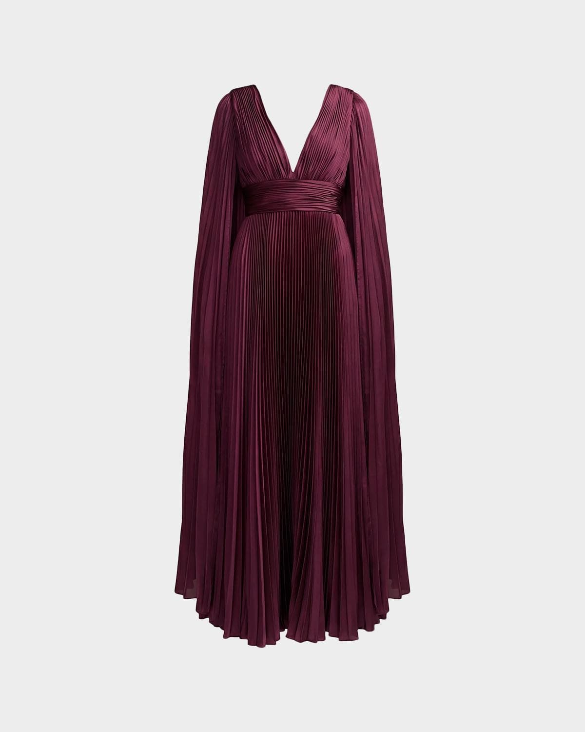 Mac Duggal Metallic Pleated Charmeuse Cape Gown