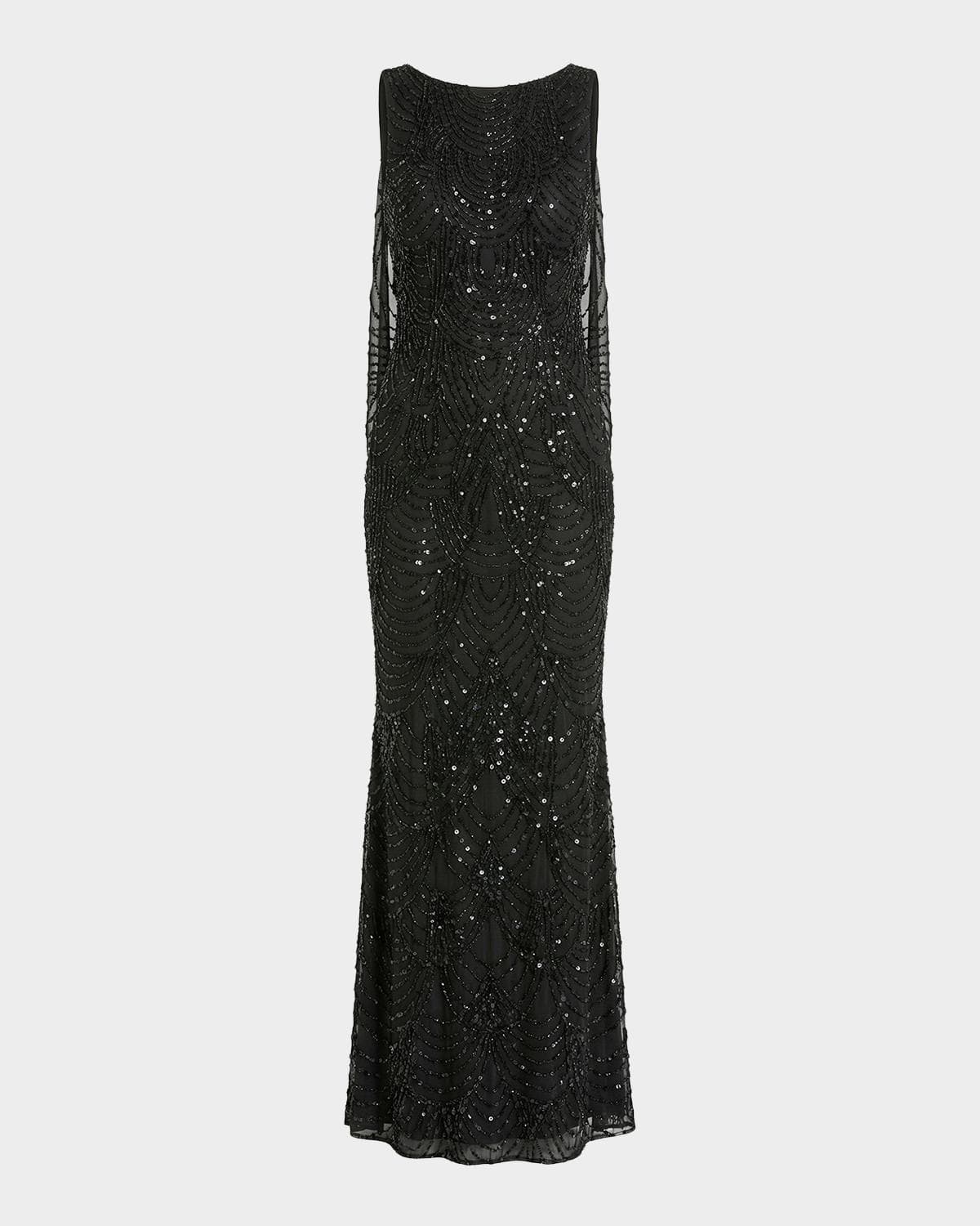 Mac Duggal Beaded Cowlback Mesh Column Gown