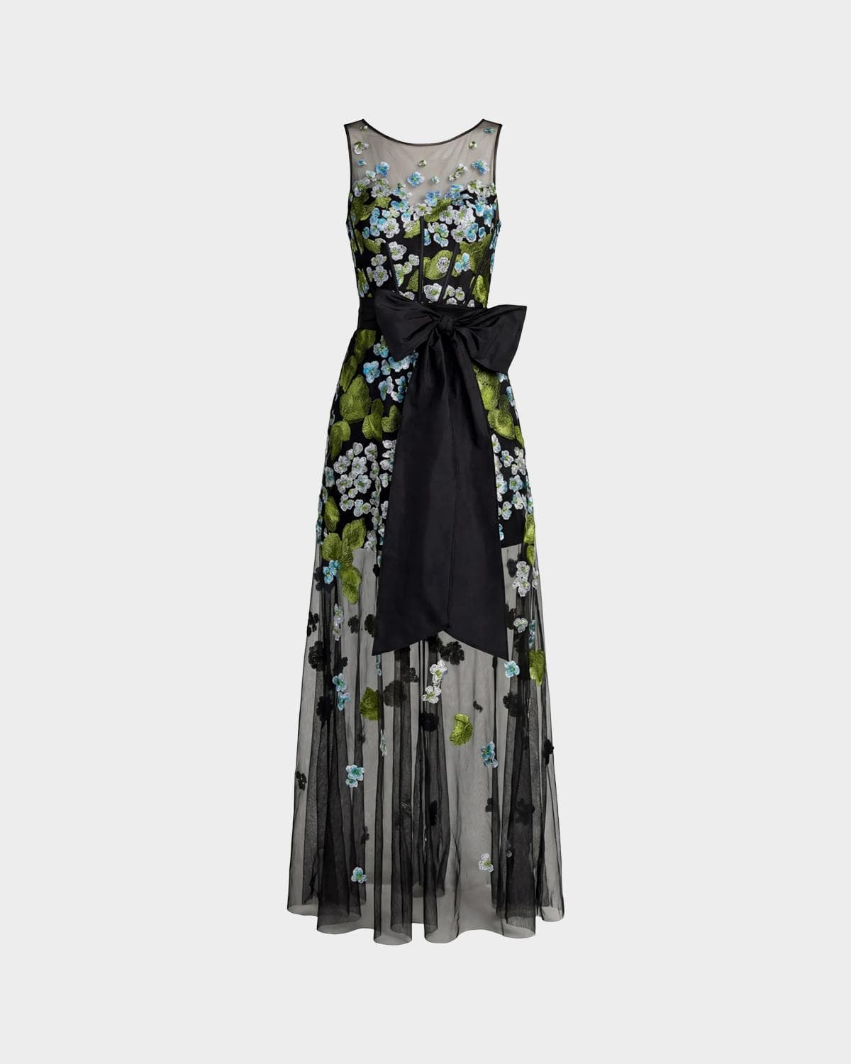 Mac Duggal Floral Embroidered Bow Appliqué Mesh Gown
