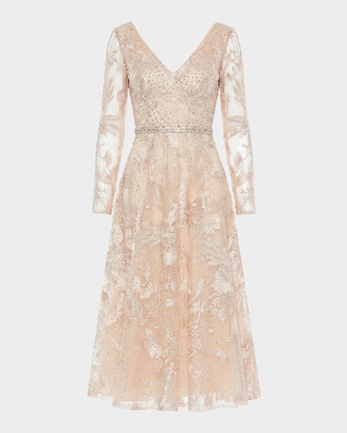 Mac Duggal Crystal Floral Embroidered Mesh Midi Dress