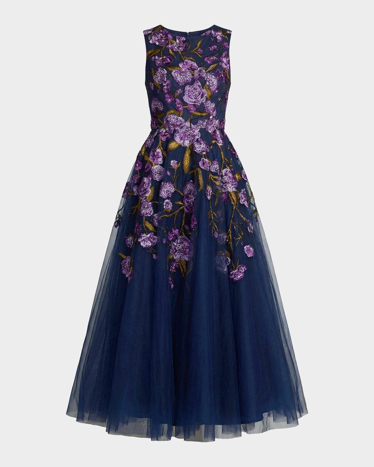 Mac Duggal Floral-Embroidered Tulle Tea-Length Cocktail Dress