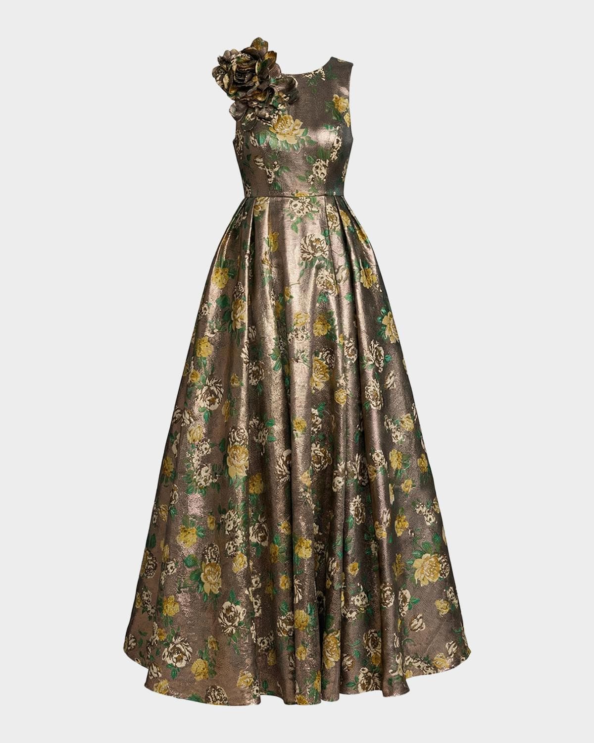 Mac Duggal Pleated Metallic Floral Brocade Gown