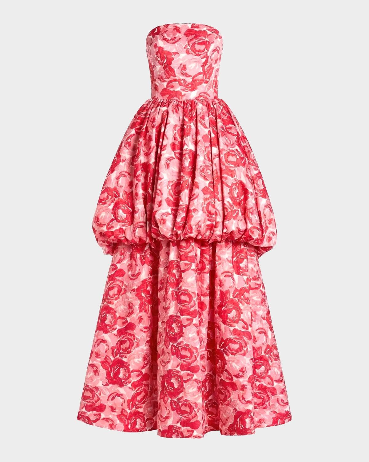 Mac Duggal Floral Brocade Bubble Hem Strapless Gown