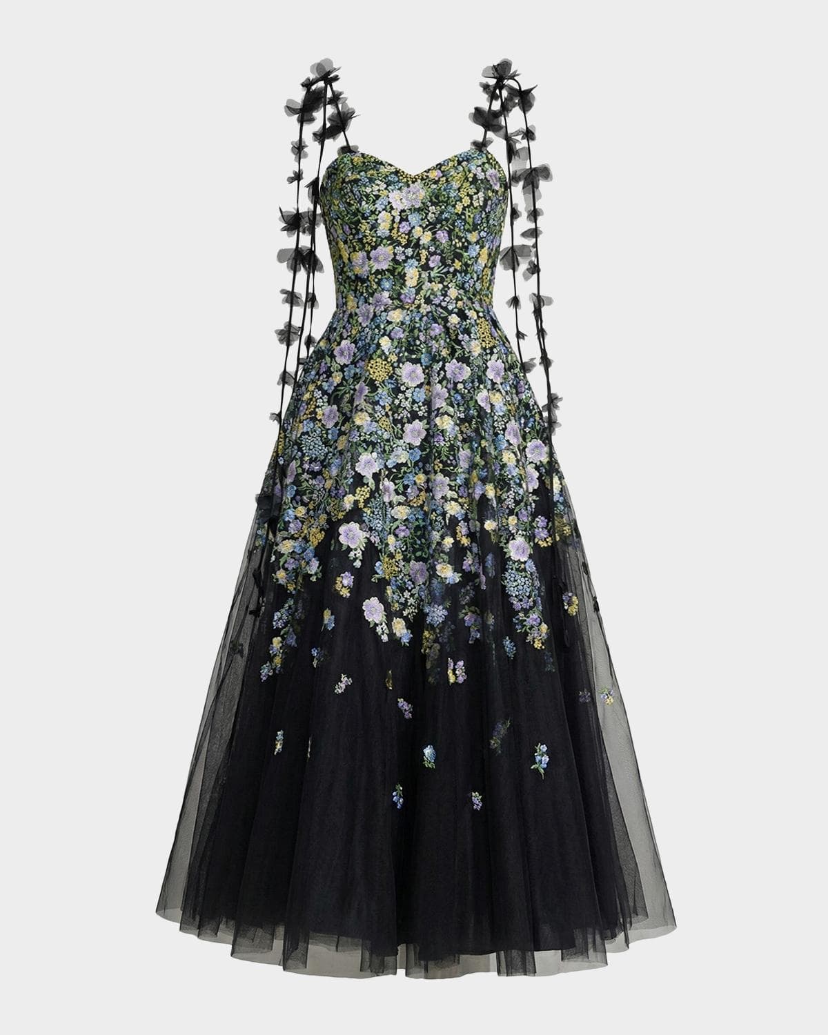 Mac Duggal Floral-Embroidered Tassel Tulle A-Line Cocktail Maxi Dress