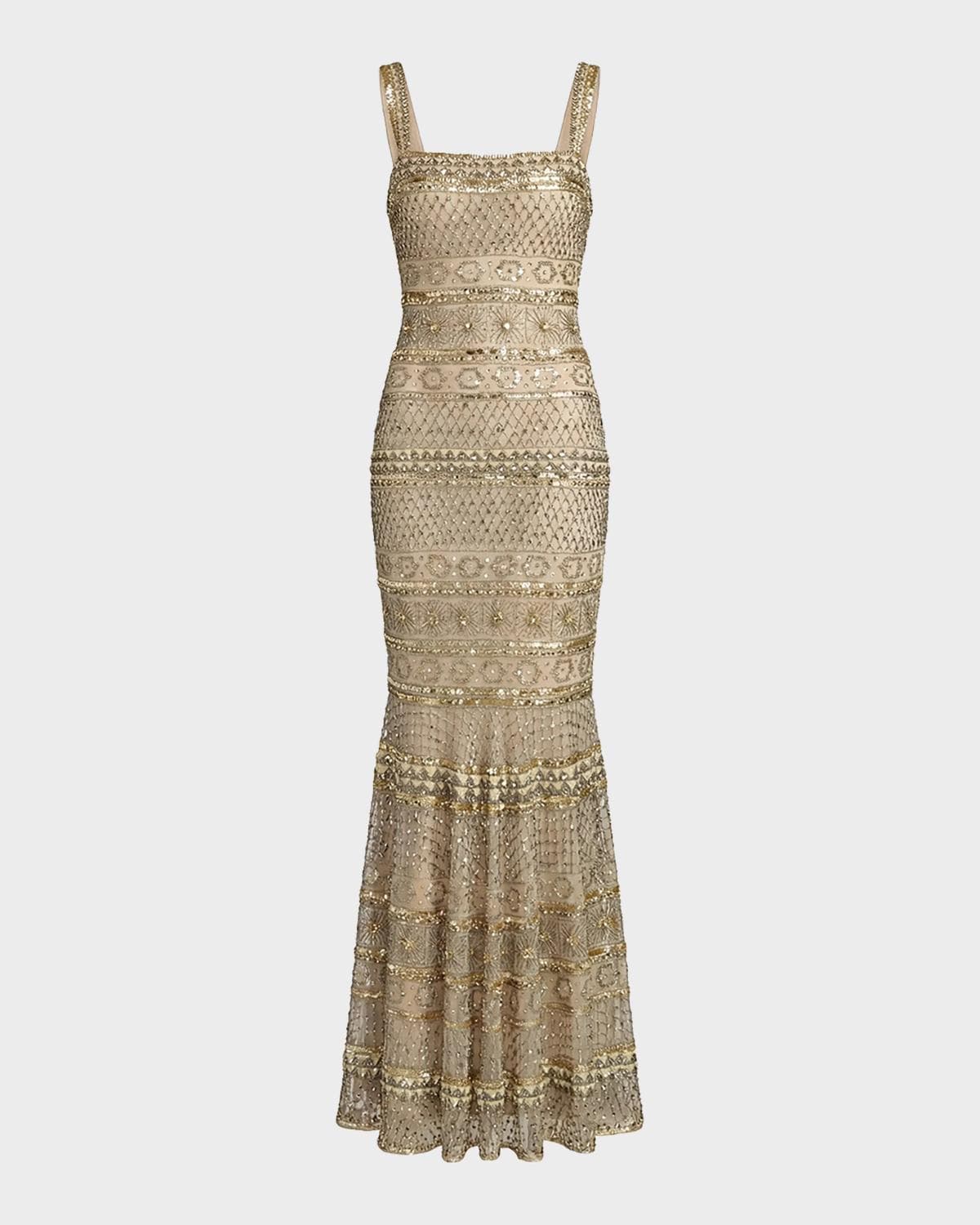 Mac Duggal Geometric Beaded Mesh Trumpet Gown